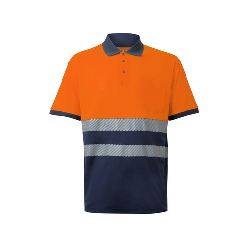azul marino/naranja VL ACHELOUS. Polo de piqué bicolor (150g/m²) con manga corta, en algodón (55%) y poliéster (45%)