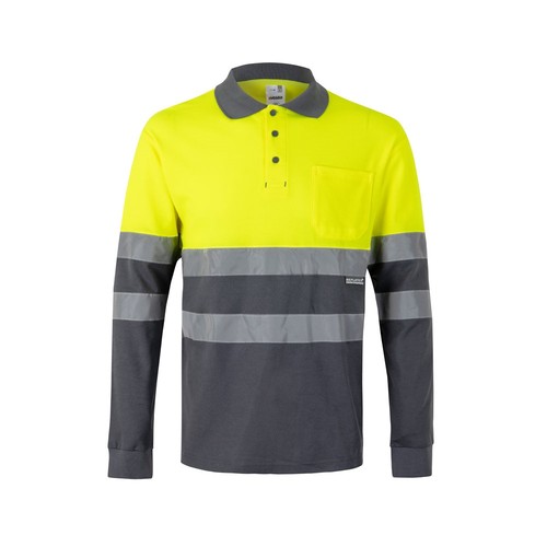 gris/amarillo VL PLUTO. Polo de piqué bicolor (150g/m²) con manga larga, en algodón (55%) y poliéster (45%)