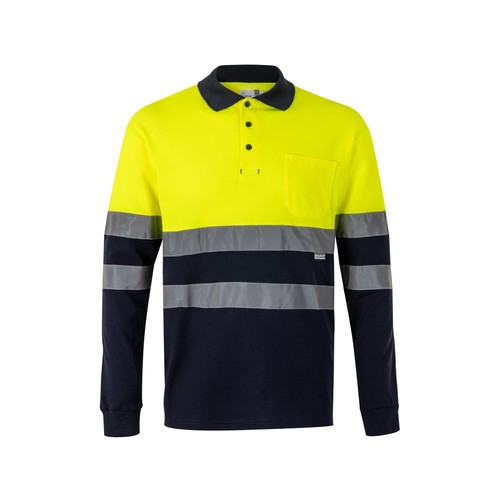 azul marino/amarillo VL PLUTO. Polo de piqué bicolor (150g/m²) con manga larga, en algodón (55%) y poliéster (45%)