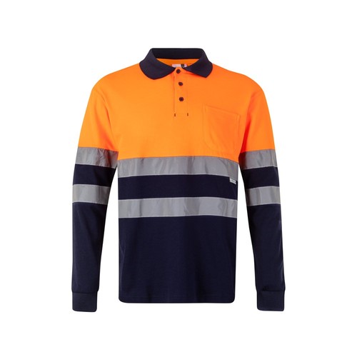 azul marino/naranja VL PLUTO. Polo de piqué bicolor (150g/m²) con manga larga, en algodón (55%) y poliéster (45%)