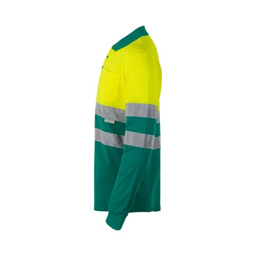 verde/amarillo VL PLUTO LARGE. Polo de piqué bicolor (150g/m²) con manga larga, en algodón (55%) y poliéster (45%)