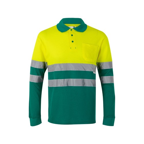 verde/amarillo VL PLUTO LARGE. Polo de piqué bicolor (150g/m²) con manga larga, en algodón (55%) y poliéster (45%)