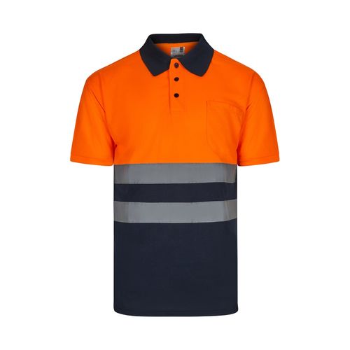 azul marino/naranja VL FORTUNA. Polo bird-eye (140g/m²) con manga corta, en poliéster (100%)