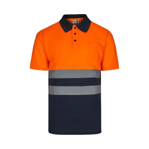 azul marino/naranja VL FORTUNA. Polo bird-eye (140g/m²) con manga corta, en poliéster (100%)