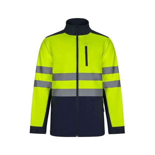 azul marino/amarillo VL HESTIA. Chaqueta soft shell bicolor (280 g/m²), con forro polar y membrana de TPU, en poliéster (96%) y elastano (4%)