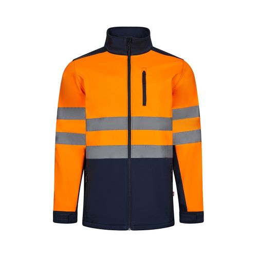 azul marino/naranja VL HESTIA. Chaqueta soft shell bicolor (280 g/m²), con forro polar y membrana de TPU, en poliéster (96%) y elastano (4%)