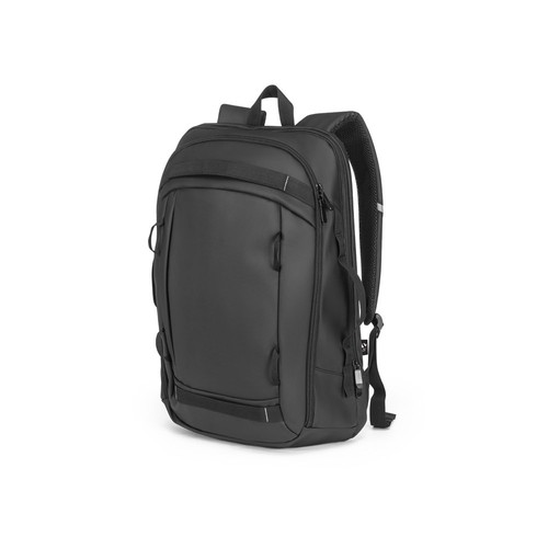 black KAMPALA. Mochila para portátil en poliéster reciclado de alta densidad 900D, con revestimiento resistente al agua y forro de poliéster reciclado 210D 17'3
