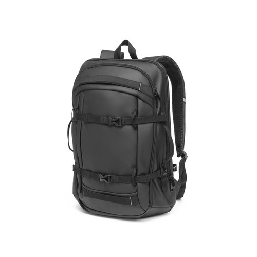 black KAMPALA. Mochila para portátil en poliéster reciclado de alta densidad 900D, con revestimiento resistente al agua y forro de poliéster reciclado 210D 17'3
