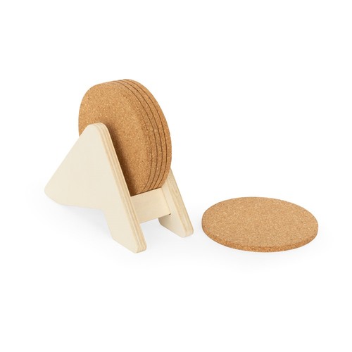 natural PLYCORK. Soporte de madera contrachapada con 6 posavasos de corcho