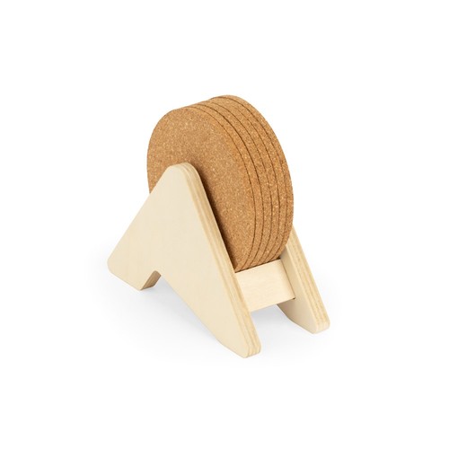 natural PLYCORK. Soporte de madera contrachapada con 6 posavasos de corcho