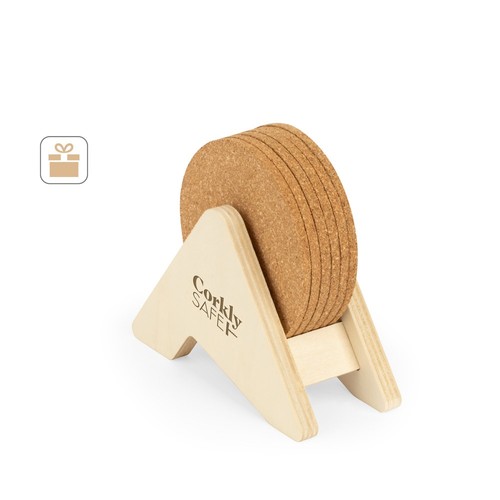 PLYCORK. SOPORTE DE MADERA CONTRACHAPADA CON 6 POSAVASOS DE CORCHO