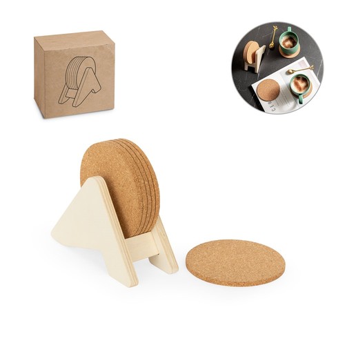 PLYCORK. SOPORTE DE MADERA CONTRACHAPADA CON 6 POSAVASOS DE CORCHO