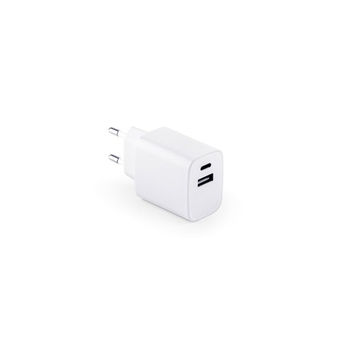 white WEGENER. Adaptador de corriente con puerto USB-A de 18 W y USB-C de 20 W en ABS reciclado (100% rABS)