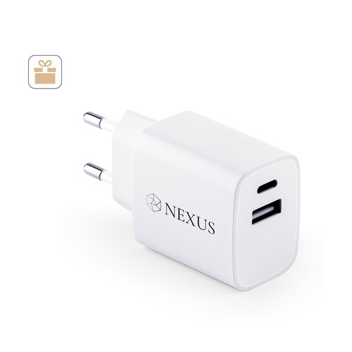 WEGENER. Adaptador de corriente con puerto USB-A de 18 W y USB-C de 20 W en ABS reciclado (100% rABS)
