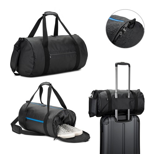 OSASCO SPORT. BOLSA DE DEPORTE DE FORMA CILÍNDRICA FABRICADA EN POLIÉSTER RECICLADO 600D DE ALTA DENSIDAD CON COMPARTIMENTO LATERAL PARA ZAPATILLAS