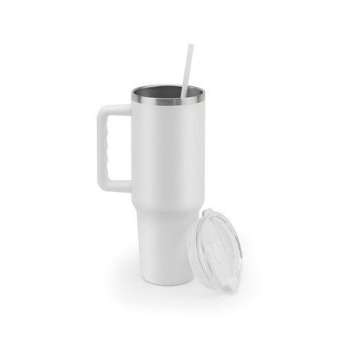white JOYNER XL. Vaso de viaje grande de acero inoxidable (91 % reciclado) con aislamiento al vacío de doble pared y acabado mate de 1300 ml