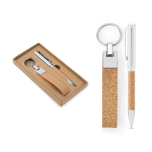 EVANS. Set compuesto por un bolígrafo y un llavero, ambos de metal y corcho, Merchandising, artículos personalizados para tu promoción de marca