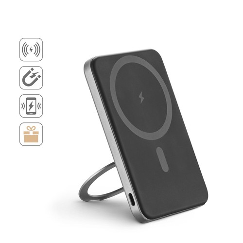 WARSHEL 5. BATERÍA EXTERNA MAGNÉTICA DE 5000 MAH CON CARGADOR INALÁMBRICO ULTRARRÁPIDO DE 15 W EN ABS RECICLADO (100 % RABS) Y SOPORTE