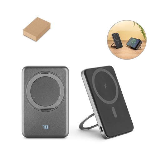 WARSHEL 5. Batería externa magnética de 5000 mAh con cargador inalámbrico ultrarrápido de 15 W en ABS reciclado (100 % rABS) y soporte, Merchandising, artículos personalizados para tu promoción de marca
