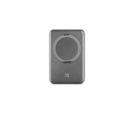 gris oscuro WARSHEL 10. Batería externa magnética de 10 000 mAh con cargador inalámbrico ultrarrápido de 15 W en ABS reciclado (100 % rABS) y soporte