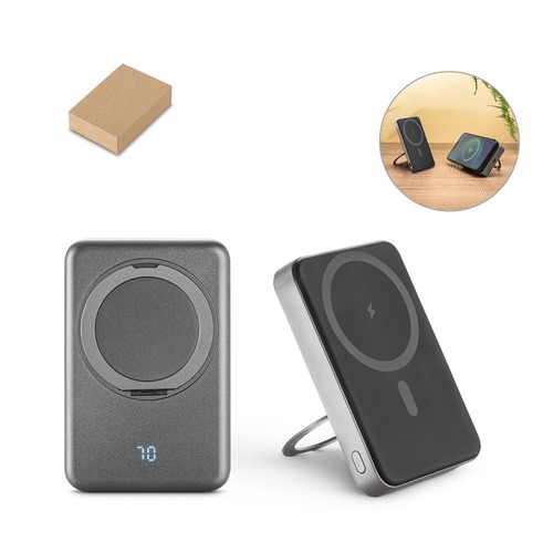 WARSHEL 10. Batería externa magnética de 10 000 mAh con cargador inalámbrico ultrarrápido de 15 W en ABS reciclado (100 % rABS) y soporte, Merchandising, artículos personalizados para tu promoción de marca