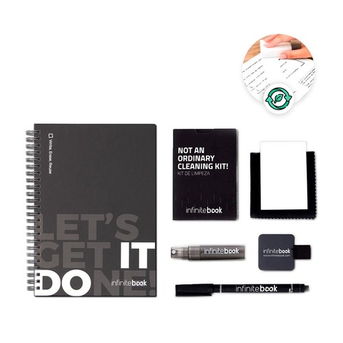 STARTER KIT INFINITEBOOK. Kit «Infinitebook» con tapa dura, 1 kit de limpieza, 1 rotulador y 1 soporte para bolígrafo, Merchandising, artículos personalizados para tu promoción de marca