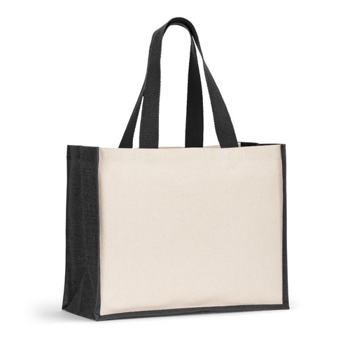 black HELSINQUE COLOUR. Bolsa de lona (320 g/m²), con fondo y laterales de yute laminado (350 g/m²) en colores