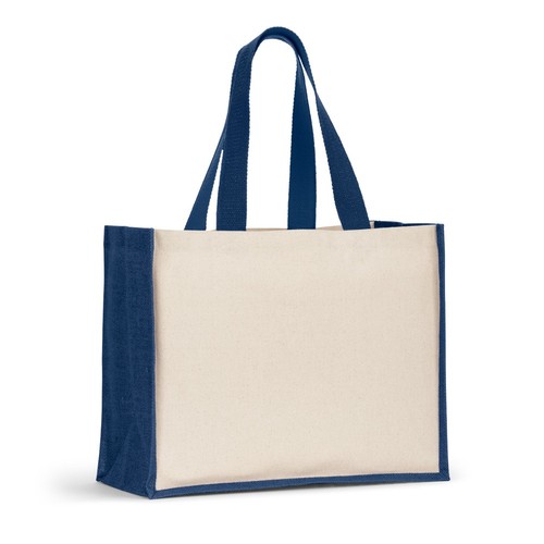 blue HELSINQUE COLOUR. Bolsa de lona (320 g/m²), con fondo y laterales de yute laminado (350 g/m²) en colores