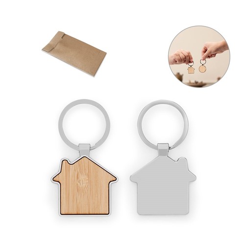 GASTON HOUSE. Llavero de hierro con forma de casa, de zinc y bambú, Merchandising, artículos personalizados para tu promoción de marca