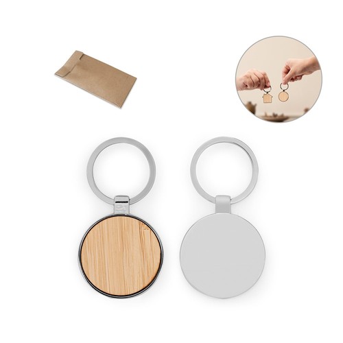 GASTON ROUND. Llavero redondo de hierro de zinc y bambú, Merchandising, artículos personalizados para tu promoción de marca
