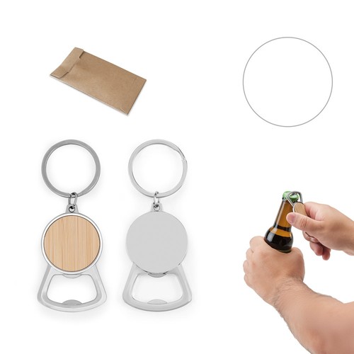 MEEKO. Llavero de hierro redondo de zinc y bambú, Merchandising, artículos personalizados para tu promoción de marca