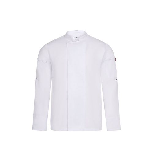 white VL AGNI. Chaqueta de cocina unisex (190 g/m²) fabricada con algodón (35 %) y poliéster reciclado (65 %)