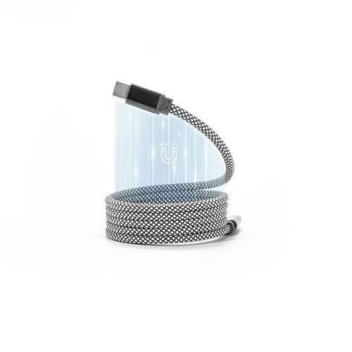 black NADELLA. Cable USB-C a USB-C con cable trenzado de poliéster (60 W) y sistema magnético para enrollarlo fácilmente
