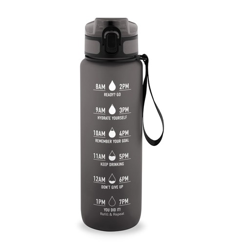 black ERIKSSON. Botella fabricada en PET reciclado (100 % rPET), con citas motivadoras y horarios para animarte a beber agua y mantenerte hidratado durante todo el día