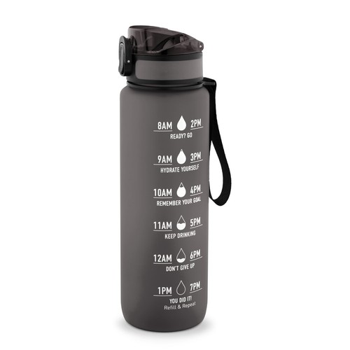 black ERIKSSON. Botella fabricada en PET reciclado (100 % rPET), con citas motivadoras y horarios para animarte a beber agua y mantenerte hidratado durante todo el día