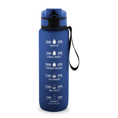blue ERIKSSON. Botella fabricada en PET reciclado (100 % rPET), con citas motivadoras y horarios para animarte a beber agua y mantenerte hidratado durante todo el día