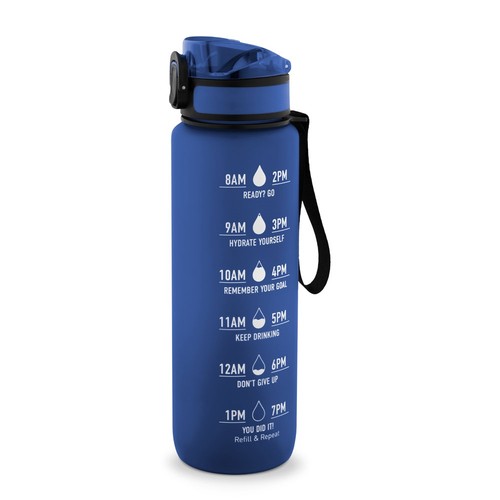 blue ERIKSSON. Botella fabricada en PET reciclado (100 % rPET), con citas motivadoras y horarios para animarte a beber agua y mantenerte hidratado durante todo el día