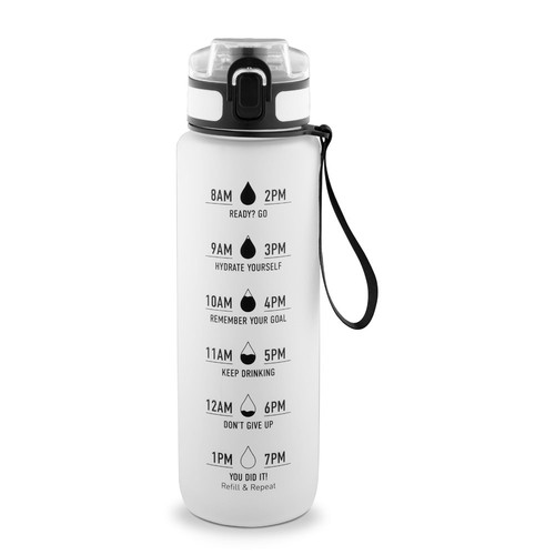 white ERIKSSON. Botella fabricada en PET reciclado (100 % rPET), con citas motivadoras y horarios para animarte a beber agua y mantenerte hidratado durante todo el día