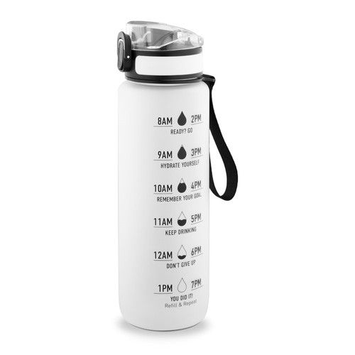white ERIKSSON. Botella fabricada en PET reciclado (100 % rPET), con citas motivadoras y horarios para animarte a beber agua y mantenerte hidratado durante todo el día