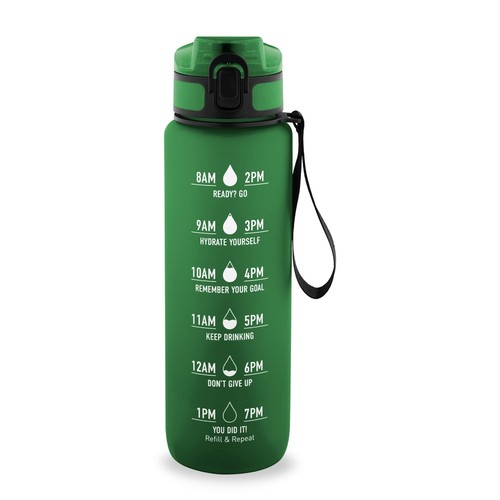 green ERIKSSON. Botella fabricada en PET reciclado (100 % rPET), con citas motivadoras y horarios para animarte a beber agua y mantenerte hidratado durante todo el día