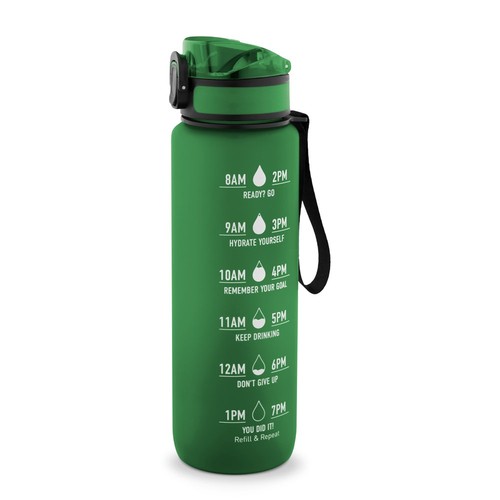 green ERIKSSON. Botella fabricada en PET reciclado (100 % rPET), con citas motivadoras y horarios para animarte a beber agua y mantenerte hidratado durante todo el día