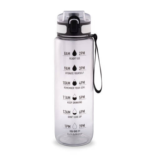 transparente ERIKSSON. Botella fabricada en PET reciclado (100 % rPET), con citas motivadoras y horarios para animarte a beber agua y mantenerte hidratado durante todo el día