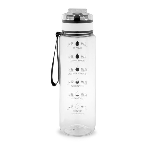 transparente ERIKSSON. Botella fabricada en PET reciclado (100 % rPET), con citas motivadoras y horarios para animarte a beber agua y mantenerte hidratado durante todo el día