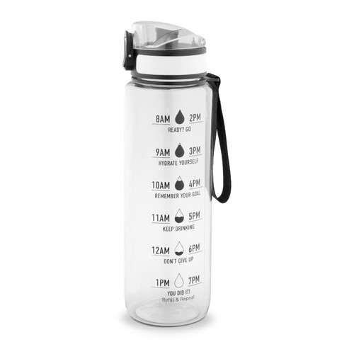 transparente ERIKSSON. Botella fabricada en PET reciclado (100 % rPET), con citas motivadoras y horarios para animarte a beber agua y mantenerte hidratado durante todo el día