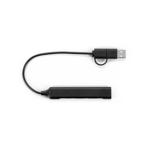 black BENIOFF. Un concentrador multifuncional que amplía la conectividad de tu dispositivo, fabricado con PET reciclado (xxx % rPET) y aluminio reciclado (xxx % rAL)