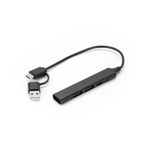 black BENIOFF. Un concentrador multifuncional que amplía la conectividad de tu dispositivo, fabricado con PET reciclado (xxx % rPET) y aluminio reciclado (xxx % rAL)
