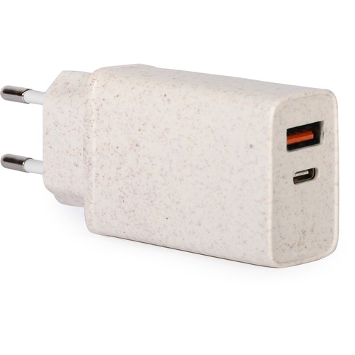20W 2 IN 1 USB FAST POWER CHARGER IN WHEAT STRAW + ABS PLASTIC RECLYCED
