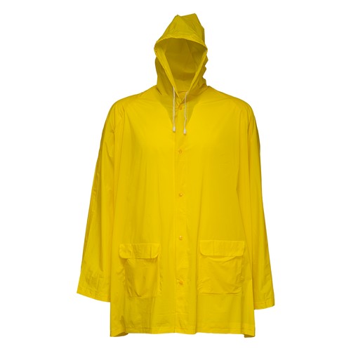 Embossed PVC (200 g) raincoat, supplied in a pocket-sized bag. One size