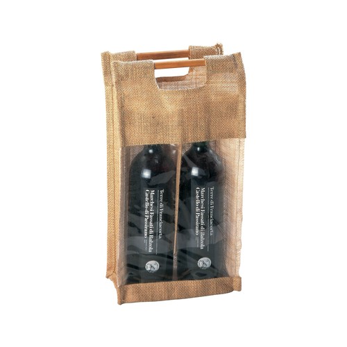 Jute bottle bag with transparent PVC window and bamboo handles (2 bottles)