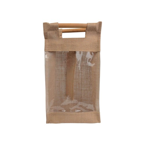 Sac porte-bouteilles en jute, avec fenetre en PVC transparente et hanses en bambou (2 bout - 2